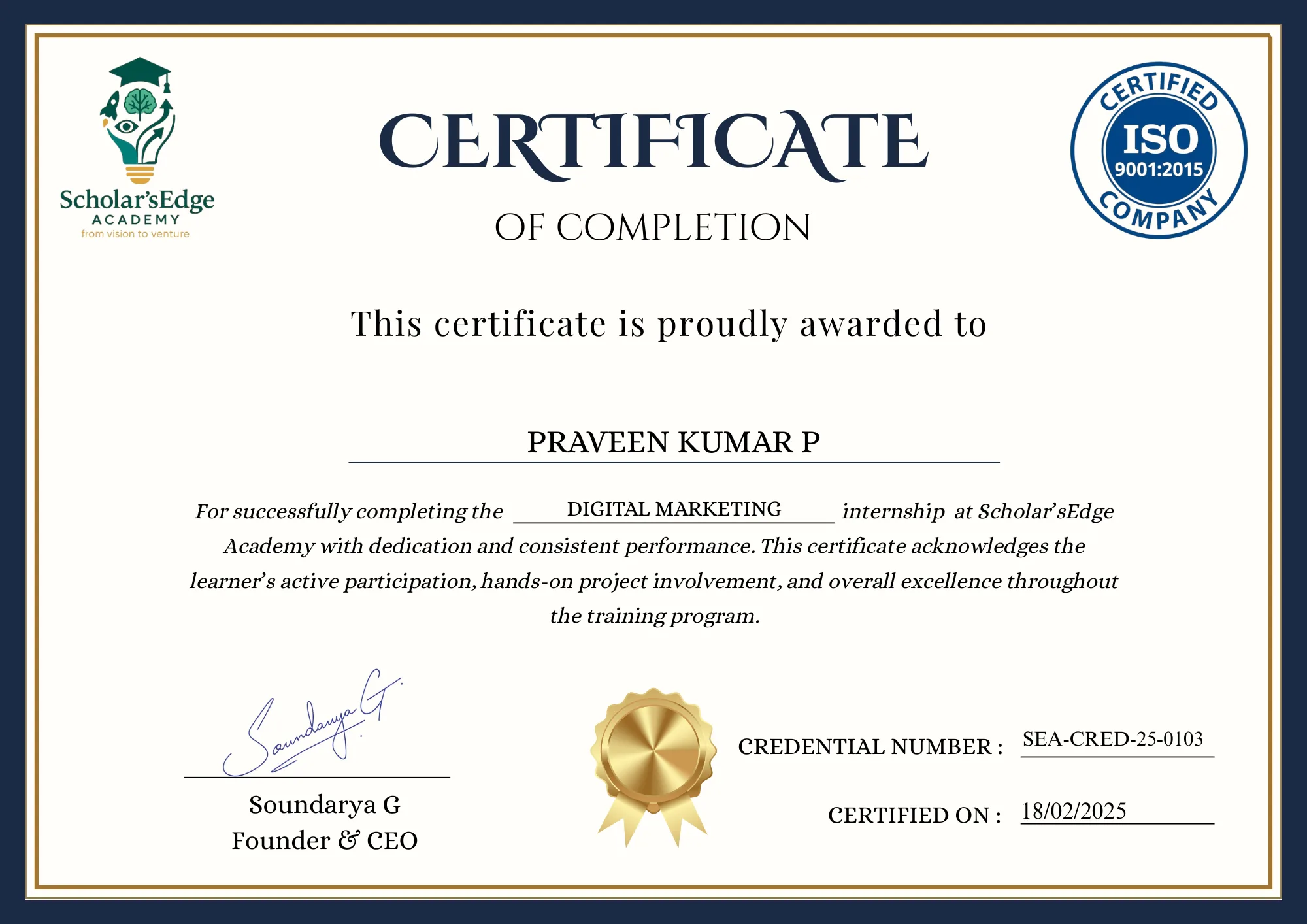 SEA internship certificate 4