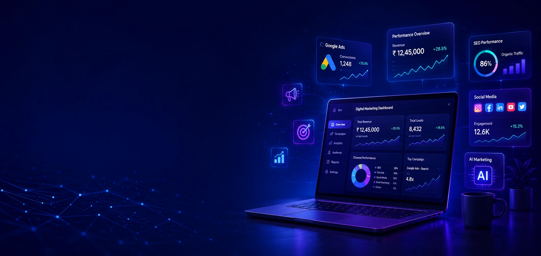 Performance marketing dashboard on a laptop with Google Ads, SEO and social media analytics