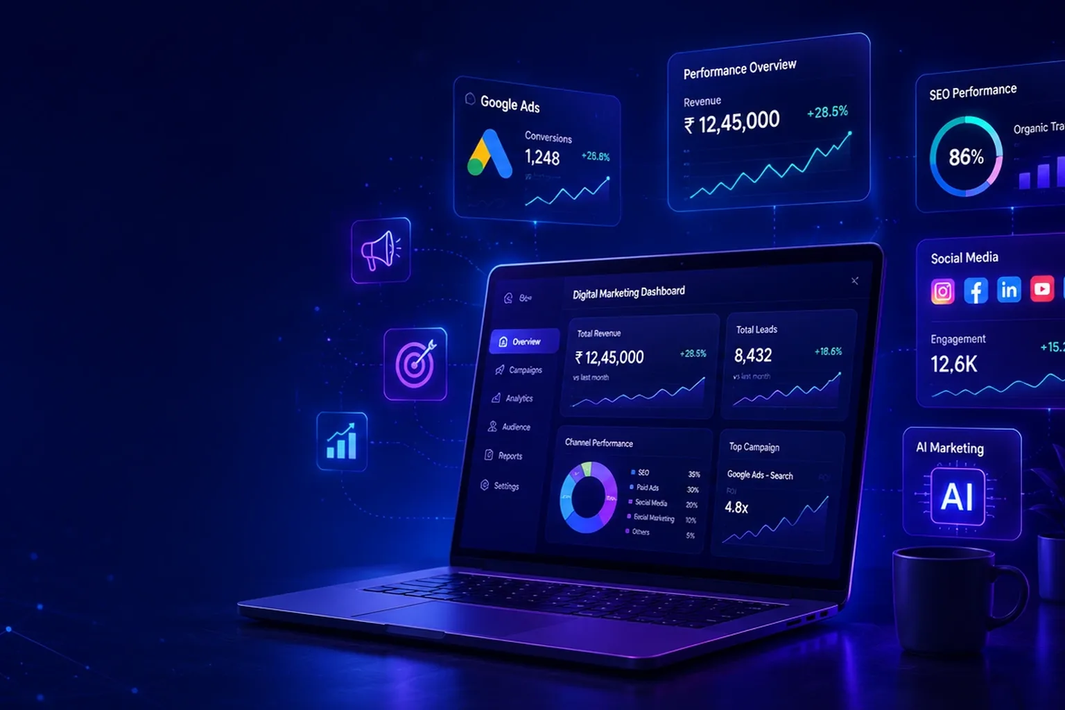 Performance marketing dashboard on a laptop showing Google Ads, SEO, social media and AI marketing metrics